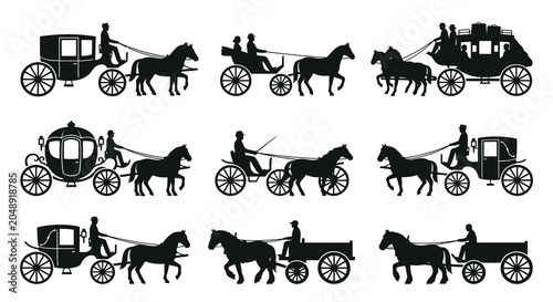 Fotografie Horse drawn carriages silhouette collection on a white background