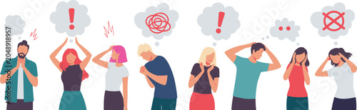 Foto Diverse group of people experiencing stress, anxiety, mental health issues, headache, confusion and emotional burnout expressed through frustrated body language