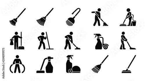 Bild auf Leinwand Set of 15 Black Cleaning Tool and People Silhouettes Vector Icons