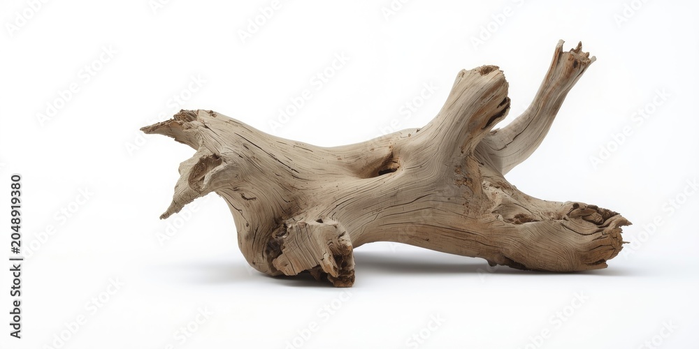 Fototapeta premium White background with isolated driftwood showcasing organic texture for editorial use