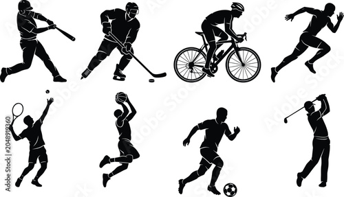 Photography Set of professional athlete silhouettes including baseball hockey cycling runnin