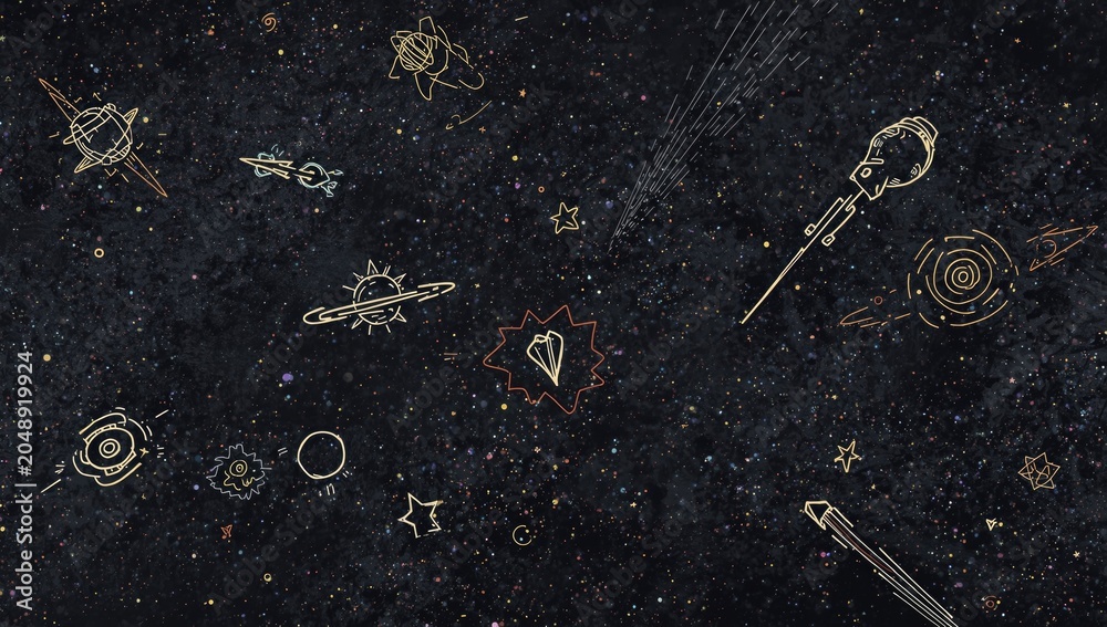 Obraz premium Line drawing of an expansive outer space filled with unique celestial bodies and meteors
