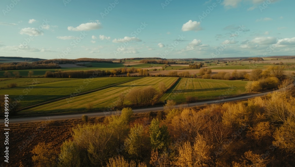 Obraz premium High angle view of rural farmland thriving in spring