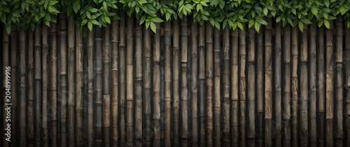 Organic bamboo fence backdrop with overhead greenery offering textured surface and copy space © vxnaghiyev