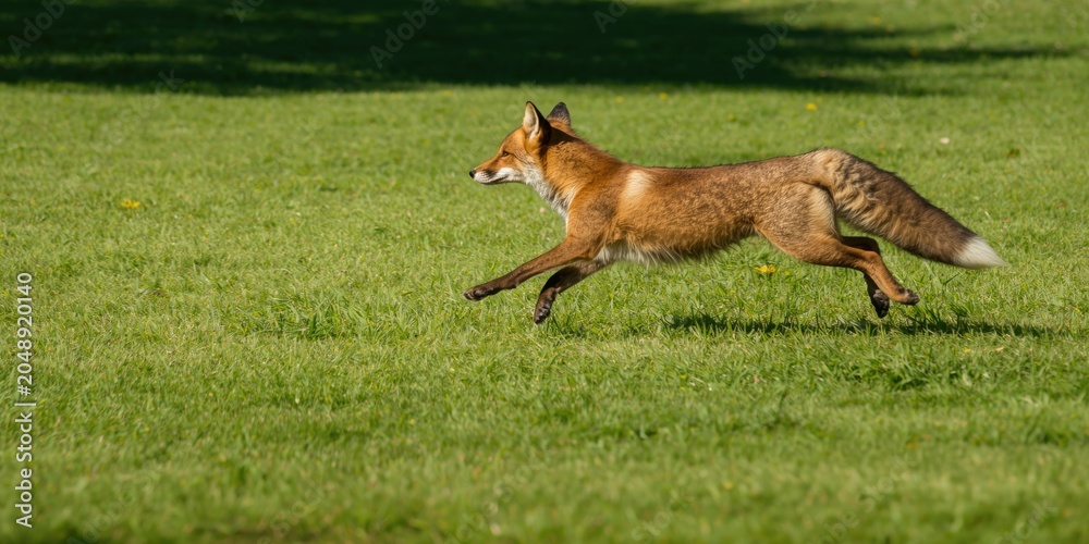 Naklejka premium Lively pet fox leaping over a smooth green grass lawn on a bright summer afternoon