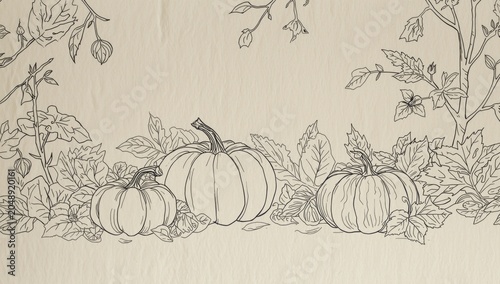 Simple line sketch of pumpkins surrounded by autumn foliage on empty surface for seasonal coloring sheets