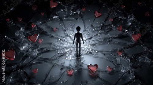Darkness surrounds a lone figure, standing broken glass
