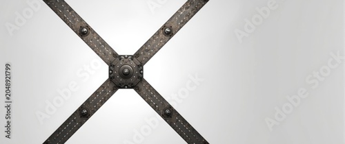 Riveted metal girder forming an X design isolated on a white backdrop