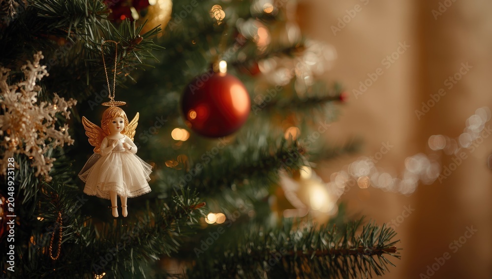 Obraz premium Ornate angel toy hanging on a celebratory Christmas tree