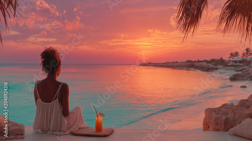 Tropical summer relax pastel background woman enjoying a beach