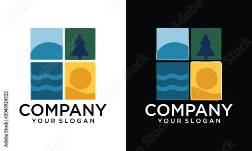 Nature landscape logo template set in modern window square frame featuring mountain, pine forest tree, sea ocean waves, and sun beach for outdoor travel agency, camping adventure, or environmental com