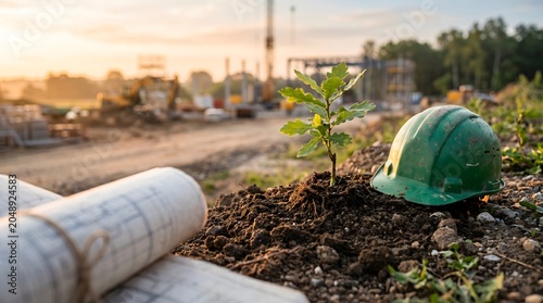 Sustainable Green Building Concept featuring a Small Plant, Safety Helmet and Architectural Blueprints on a Construction Site