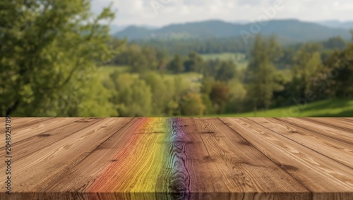 Wooden tabletop showing rai...