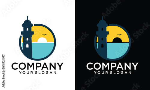 Linear lighthouse vector logo pack for coastal business. Minimalist emblem for ocean tourism and real estate branding. Includes light and dark color versions.