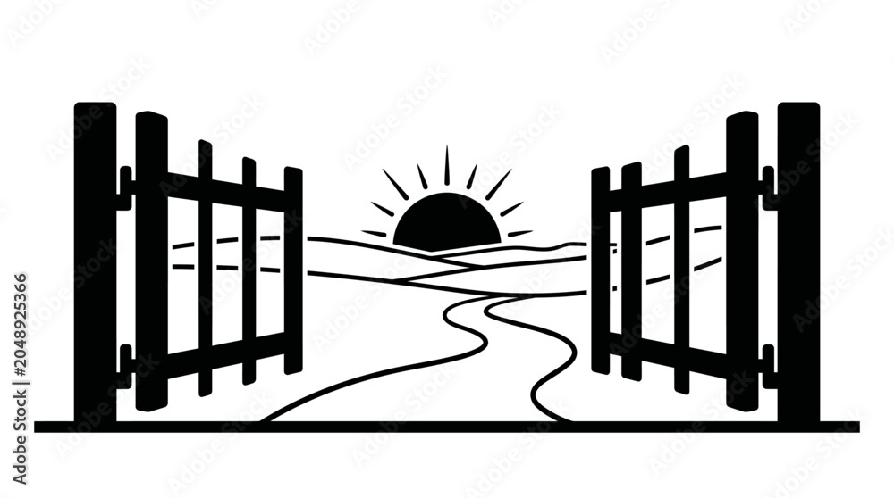 Obraz premium Black and white illustration of an open gate leading to a winding path through rolling hills with a rising sun in the background, symbolizing new beginnings.