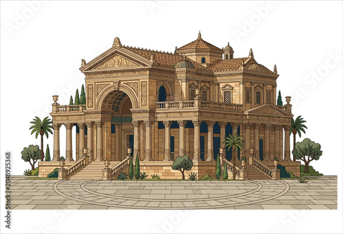 Fotografija Classical style mansion illustration with detailed architecture and surrounding