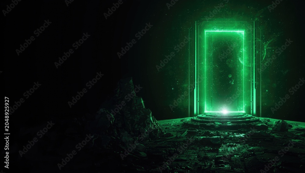 Fototapeta premium Space based futuristic digital designs highlighting powerful green portal lighting