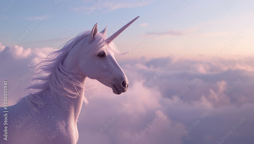 Obraz premium Whimsical unicorn bathed in starlight with a backdrop of soft fluffy clouds