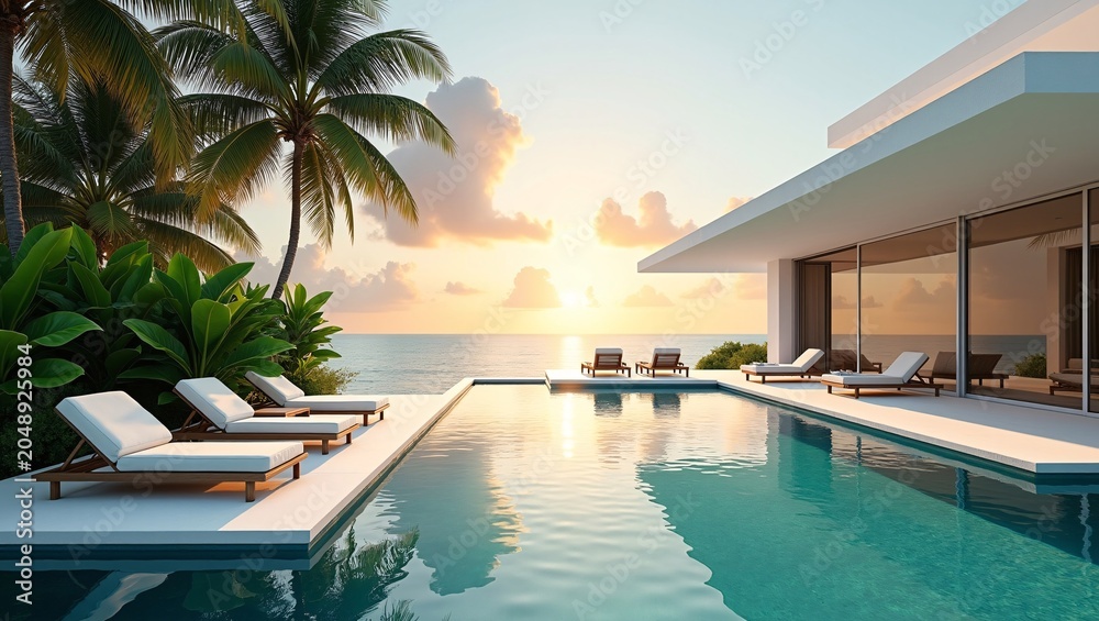 Fototapeta premium An infinity pool at a modern tropical villa, lined with sun loungers, reflects a glowing sunset over calm ocean waters, framed by lush palms.