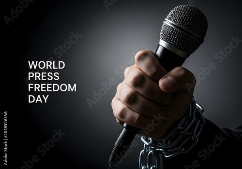 Hand holding a microphone shackled with chains