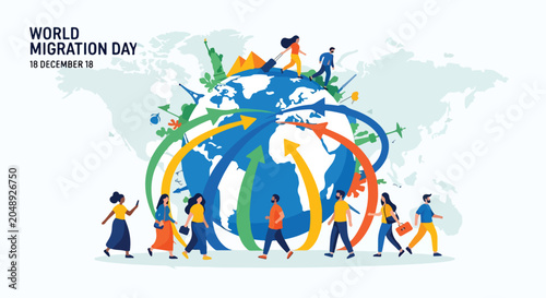 Obraz na płótnie A vibrant illustration of people moving around the globe, symbolizing migration