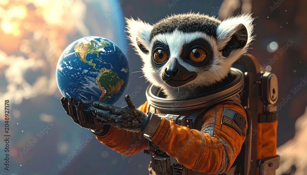 Fototapeta premium Lemur astronaut holding earth globe in space.