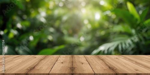 Wood table placed in a lush...
