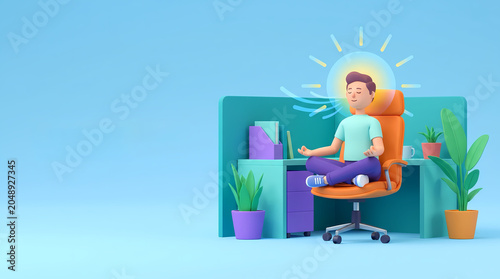 3D illustration of an employee meditating peacefully in an office cubicle, fostering mindfulness, stress reduction, and mental clarity for improved workplace well-being