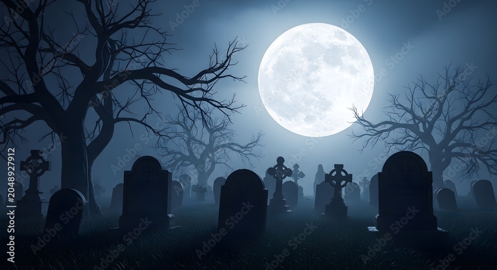 Fototapeta premium Eerie graveyard at night with tombstones, celtic crosses, and a full moon in a misty, dark landscape for halloween