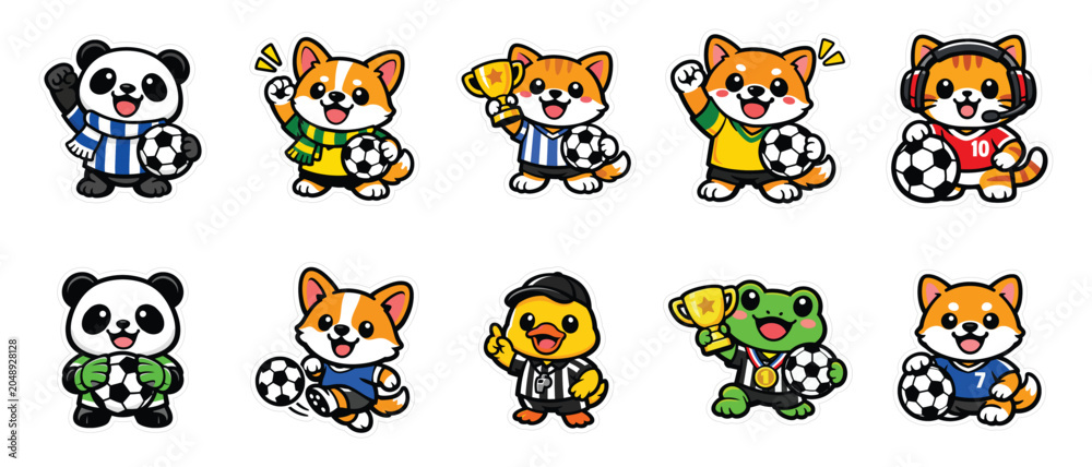 Fototapeta premium Funny Football Mascot Sticker Bundle, Cute Soccer Animal Characters Collection, Kawaii Sports Fan Cartoon Set, Football Lover T Shirt Graphics, Printable Sticker Pack, Flat Vector Illustration Set