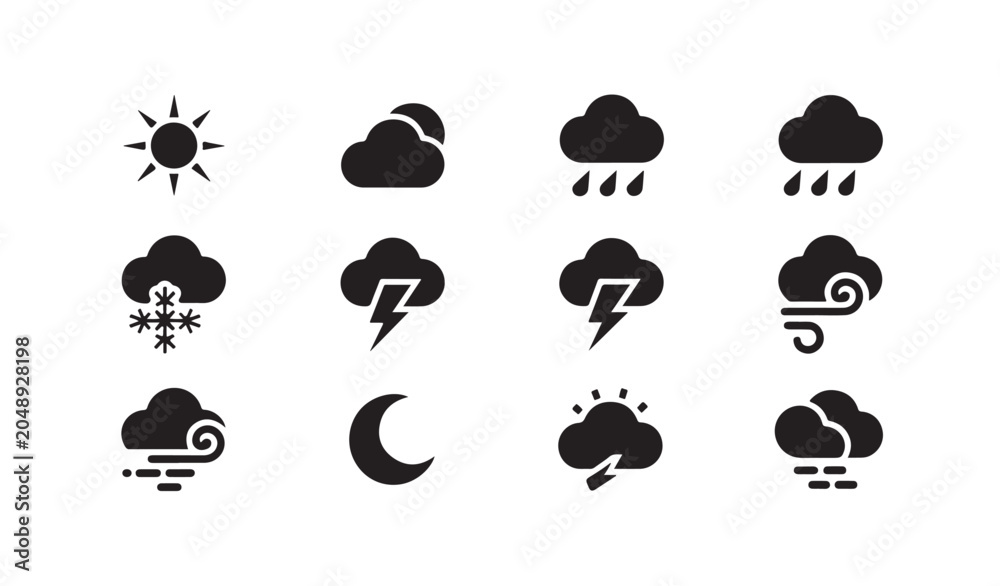 Obraz premium Black silhouette weather icons collection for web and mobile interface design application.