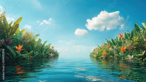 Placid water landscape encompassed by vibrant plant life beneath a bright azure sky