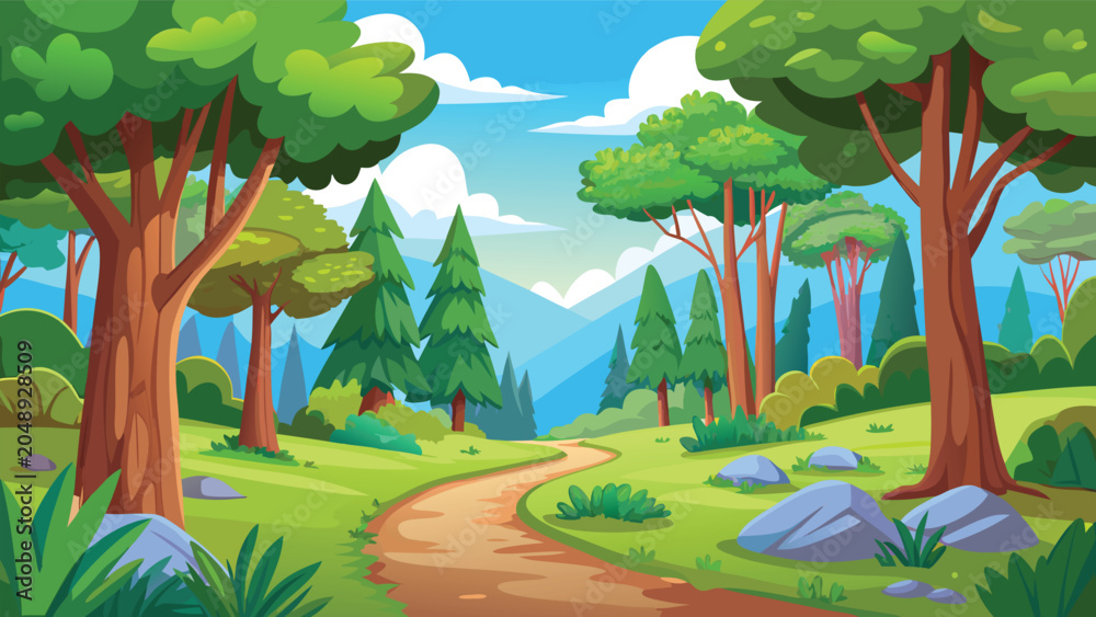 Fototapeta premium Enchanting forest path winding through lush green trees under a bright blue sky with distant mountains