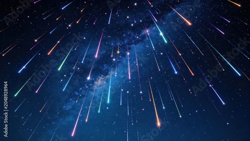 Colorful shooting stars in night sky
