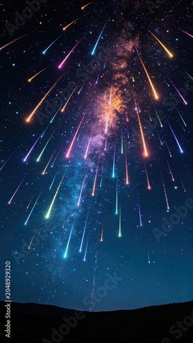 Colorful meteor shower in night sky