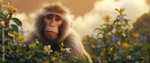 Playful adult snow monkey a...