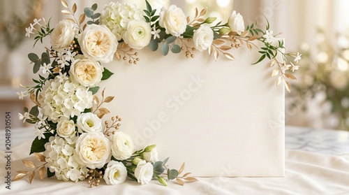 Elegant floral frame of white and cream roses with gold leaves and a blank white space for greeting text.