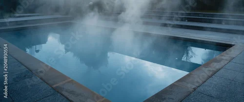 Panel kuchenny z motywem Heated swimming pool emitting steam surrounded by a modern concrete deck