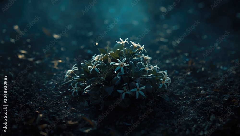 Obraz premium Full view of night blooming jasmine surrounded by dark moist soil