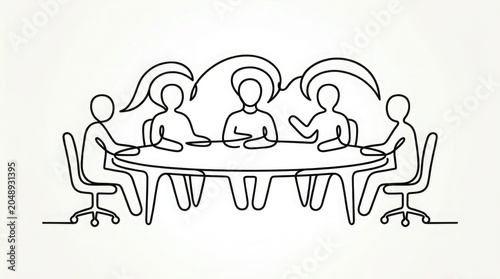 Continuous line drawing of people sitting around a table in a meeting
