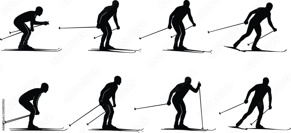 Fototapeta premium Creative collection of eight skiing silhouettes in dynamic motion, symbolizing winter sports technique, balance, endurance, and modern abstract design concepts