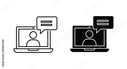 Line icon of person talking on laptop screen