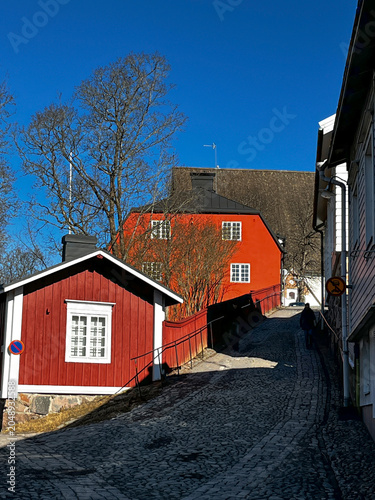 Traditional Old Houses on Medieval Street of Porvoo (Borgå) in Finland. 