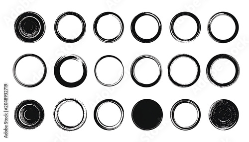 Set of grunge circular frames, distressed textured borders, rough brush strokes, isolated elements for design
