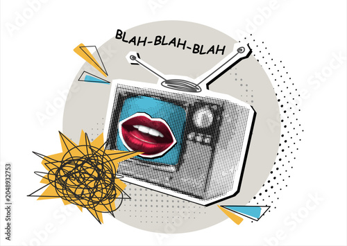 Trendy Halftone Collage Mouth speaking blah-blah from a retro TV screen.  Mass media manipulation concept.	Modern collage style. Vector illustration