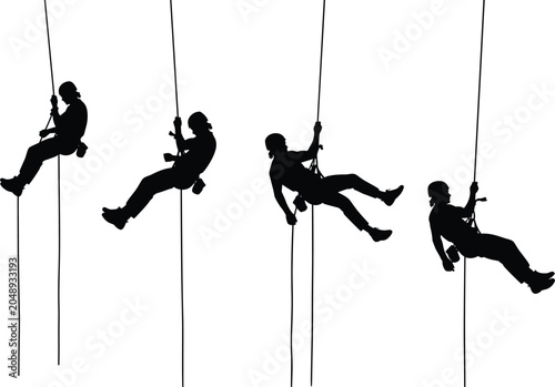 Konstfotografi Silhouette illustration of four individuals rappelling down ropes in different p