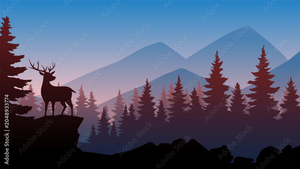 Fototapeta premium Wildlife landscape illustration with deer in the forest