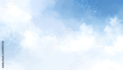 Soft blue sky with gentle clouds and sparkling light particles, serene atmosphere, peaceful, airy background