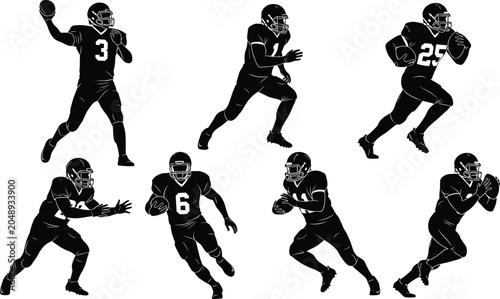 Fotografie Silhouettes of American football players in multiple action poses wearing number