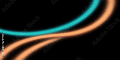 Fotografie Abstract glowing neon curves in turquoise and orange swirl gracefully against a deep black background, creating a dynamic and futuristic visual effect
